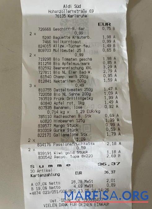 Downloadable Germany Aldi Sud supermarket payment receipt template